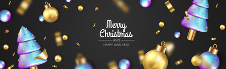 Happy New Year and Merry Christmas. Christmas holiday background with realistic 3d object, christmas balls, metal tree, gifts. Levitation falling design composition.のイラスト素材