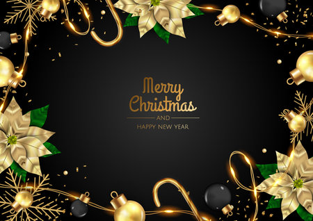 Merry Christmas and Happy New Year. Xmas Festive background with realistic 3d objects, gift box, blue and white balls.のイラスト素材