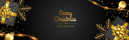 Christmas banner. Xmas background design with realistic gift box, snowflake and golden confetti glitter. Horizontal Christmas poster, greeting cards, headers, websiteのイラスト素材