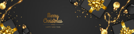 Christmas banner. Xmas background design with realistic gift box, snowflake and golden confetti glitter. Horizontal Christmas poster, greeting cards, headers, websiteのイラスト素材