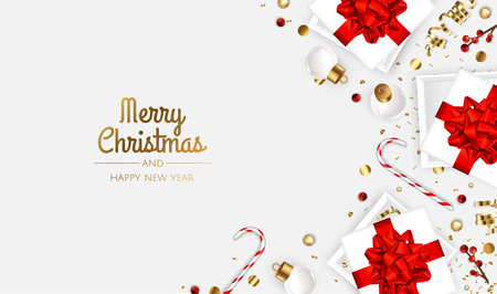 Merry Christmas and Happy New Year. Xmas Festive background with realistic 3d objects, gift box, blue and white balls.のイラスト素材