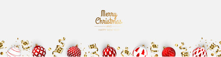 Christmas banner. Xmas background design with realistic christmas ball and golden confetti glitter.のイラスト素材