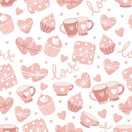 Valentines day pink seamless pattern. Love, hearts, valentine card.のイラスト素材