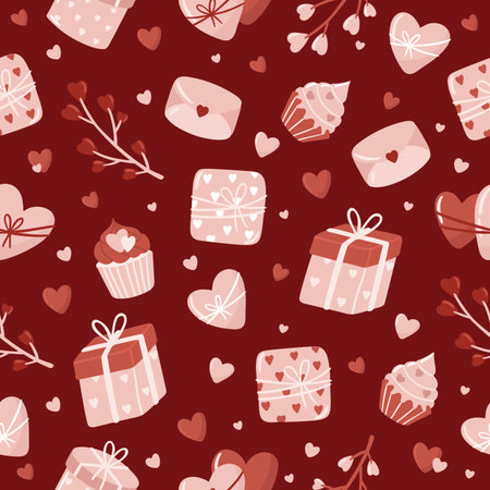 Valentine s day. love concept cute vector illustration seamless pattern with hearts, love, flowers, envelope, arrows, cup of coffee and cupcakes.のイラスト素材