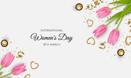 Happy Women s Day greeting card. Postcard for March 8. Pink Tulips with a giftのイラスト素材