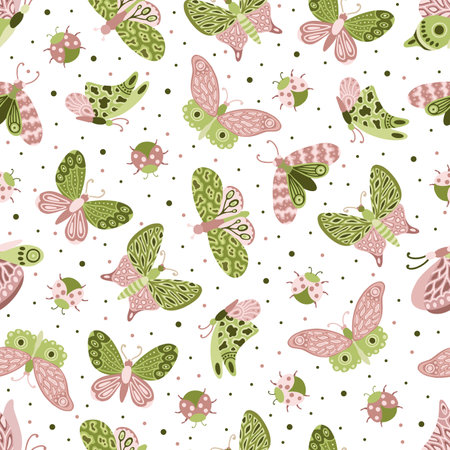 Floral seamless pattern with decorative flowers, leaves and butterfly. For fashion fabrics, children s clothing, T-shirts, postcards, templates and scrapbooking.のイラスト素材