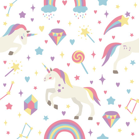 Seamless vector pattern with cute unicorns on a floral background. Ideal for textiles, wallpapers or prints.のイラスト素材