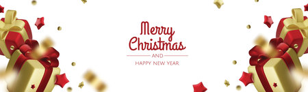 Christmas banner. Xmas background design of realistic gift box, gold star, gold tinsel confetti. Horizontal Christmas header for website template, flat top view.のイラスト素材