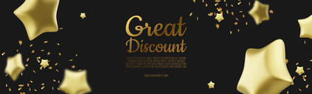 Banner with gold stars. Festive background with luxury stars. 3d render object. Holiday banner, web poster, greeting card. vector illustrationのイラスト素材