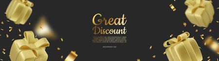 Banner online shopping with 3d realistic gift isolated on black background. Vector illustrationのイラスト素材