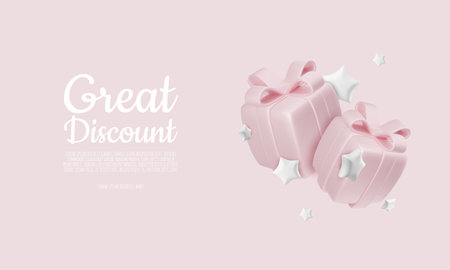 Realistic holiday design with soft pink gift boxes with stars. 3d render object. Holiday banner, web poster, greeting card. vector illustrationのイラスト素材