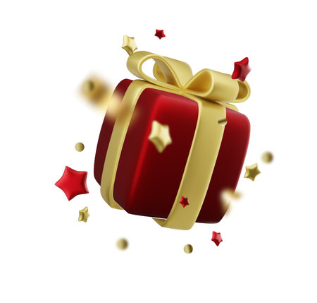 Gift box decorative festive object with golden bows and gold sequins confetti on white backgroundのイラスト素材