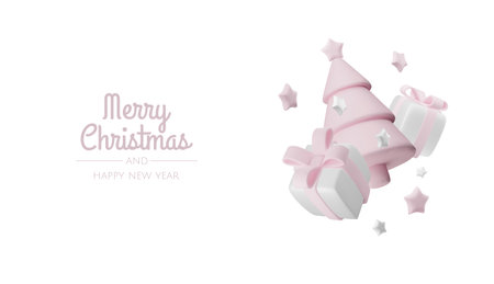 Happy New Year and Merry Christmas. Christmas holiday background with realistic 3d objects,gold and red bauble balls, conical metal stars. Levitation falling design composition.のイラスト素材