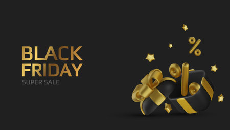 Black Friday super sale. Promo background with realistic 3d cartoon style elements, black gift, percent symbols, stars, percent symbols. Promotion banner, web poster. vector illustrationのイラスト素材