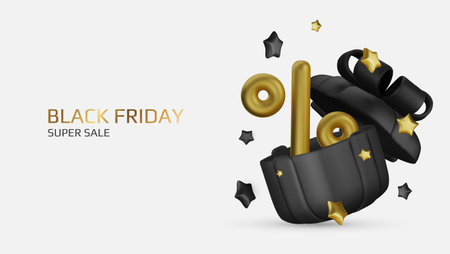 Black Friday super sale. Promo background with realistic 3d cartoon style elements, black gift, percent symbols, stars, percent symbols. Promotion banner, web poster. vector illustrationのイラスト素材