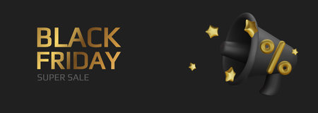 Black Friday super sale. Promo background with realistic 3d cartoon style elements, black megaphone, percent symbols. Promotion banner, web poster. vector illustrationのイラスト素材