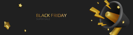 Black Friday super sale. Promo background with realistic 3d cartoon style elements, black gift, percent symbols, stars, percent symbols. Promotion banner, web poster. vector illustrationのイラスト素材