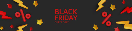 Black Friday super sale. Promo background with realistic 3d cartoon style elements, black gift, percent symbols, stars, percent symbols. Promotion banner, web poster. vector illustrationのイラスト素材