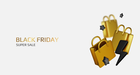Black Friday super sale. Promo background with realistic 3d cartoon style elements, black gift, percent symbols, stars, percent symbols. Promotion banner, web poster. vector illustrationのイラスト素材