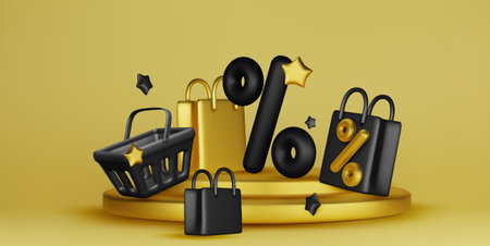 3d basket shopping with price tags for online shopping and supermarket concept. 3d basket products icon and promotion tag. Shopping bag for buy, sale, discount. 3d vector icon illustrationのイラスト素材