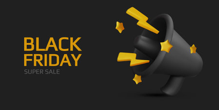 Black Friday super sale. Promo background with realistic 3d cartoon style elements, black gift, percent symbols, stars, percent symbols. Promotion banner, web poster. vector illustrationのイラスト素材