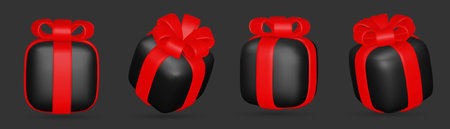 3d gift boxes set with red ribbon bow isolated on a white background. 3d render flying modern holiday closed surprise box.のイラスト素材