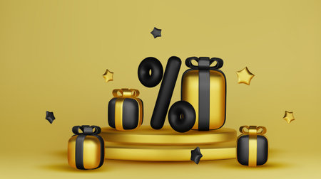 Sale background. 3D gold podium. Product exhibition. Discount percent. Shopping offer. Shop promotion. Glowing showcase. Vector banner designのイラスト素材