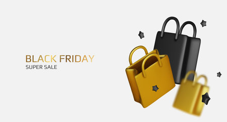 3d shopping bag banner template. Vector render mockup with gift bags and stars. Sale conceptのイラスト素材