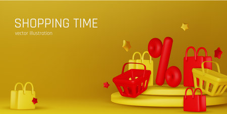 3d basket shopping with price tags for online shopping and supermarket concept. 3d basket products icon and promotion tag. Shopping bag for buy, sale, discount. 3d vector icon illustrationのイラスト素材