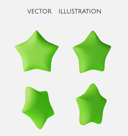 Set of green stars different shapes. Realistic 3d design cartoon style. vector illustrationのイラスト素材