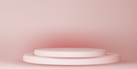 Pink podium mockup. Studio showroom pedestal, fashion showcase mock up scene or exhibition gallery display 3d vector podiums.のイラスト素材