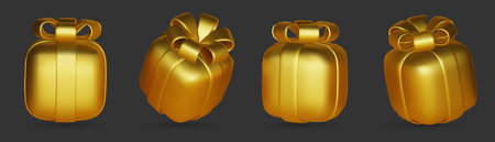 3d gift boxes set with gold ribbon bow isolated on a white background. 3d render flying modern holiday closed surprise box. Realistic vector icon for present, birthday bannersのイラスト素材