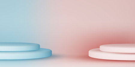Pink podium mockup. Studio showroom pedestal, fashion showcase mock up scene or exhibition gallery display 3d vector podiums.のイラスト素材
