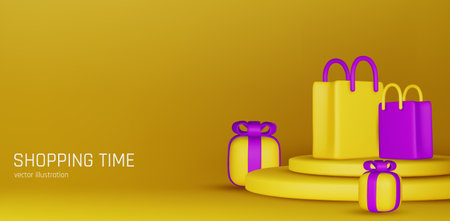 3d vector render online shopping bag using tags promotion or cash for future use. 3d vector shop purchase basket retail store on e-commerceのイラスト素材