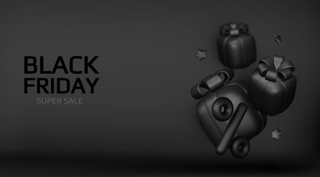 Black Friday Sale. Realistic 3d design gift box black, black bow. Creative marketing concept. Vector illustrationのイラスト素材