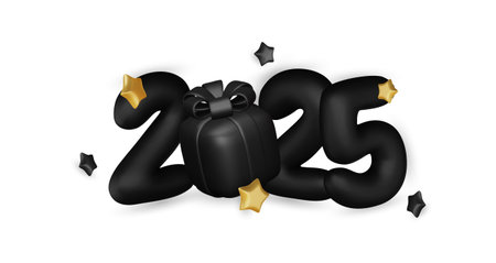 2025 Realistic glossy number with black gift box. Happy New Year and Merry Christmas 2025. Greeting...