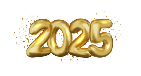 Realistic 2025 golden numbers and festive confetti on white background. Vector holiday illustration. Happy New 2025 Year. New year ornament.のイラスト素材
