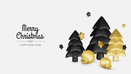 Christmas winter festive composition. Colorful Xmas background realistic 3d decorative design objects, christmas tree, gift boxes, xmas ball, gold confetti. Happy New Year. Vector illustrationのイラスト素材