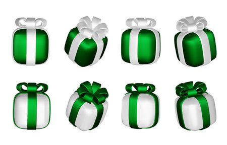 3d gift boxes set with ribbon bow isolated on a white background. 3d render flying modern holiday closed surprise box. Realistic vector icon for present, birthday bannersのイラスト素材