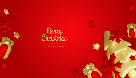 Happy New Year and Merry Christmas. Christmas holiday background with realistic 3d objects, xmas balls, metal stars, snowflake, gift box.のイラスト素材