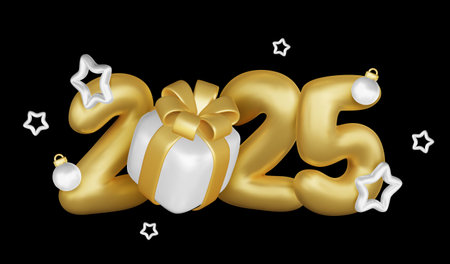 2025 Realistic glossy number with gold gift box. Happy New Year and Merry Christmas 2025. Greeting card. Vector 3d rendering.のイラスト素材