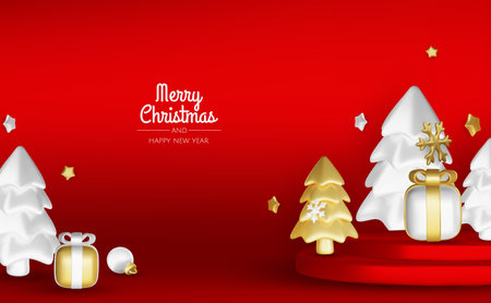 Christmas winter festive composition. Colorful Xmas background realistic 3d decorative design objects, christmas tree, gift boxes, xmas ball, gold confetti. Happy New Year. Vector illustrationのイラスト素材