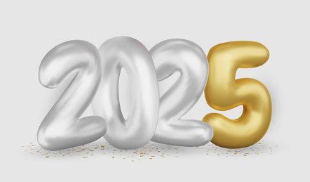 2025 Realistic glossy number with gold gift box. Happy New Year and Merry Christmas 2025. Greeting card. Vector 3d rendering.のイラスト素材