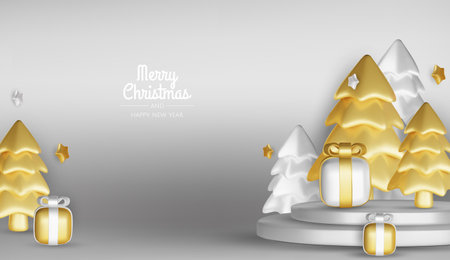 Merry Christmas and happy new year background. Christmas tree, Gift boxes, Christmas balls. Christmas element for web, banners, greeting card, template design.のイラスト素材
