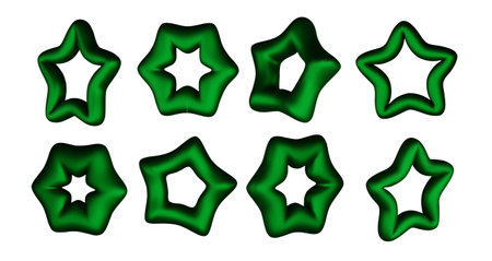 Realistic green stars vector set isolated on white background. Glossy 3D Christmas star icon. Design element for holidays.のイラスト素材