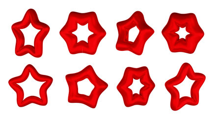Realistic red stars vector set isolated on white background. Glossy 3D Christmas star icon. Design element for holidays.のイラスト素材