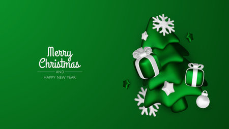 Happy New Year and Merry Christmas. Christmas holiday background with realistic 3d objects,green and white bauble balls, conical metal stars. Levitation falling design composition.のイラスト素材