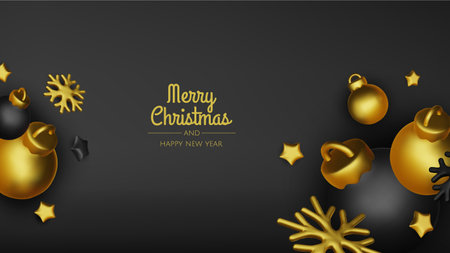 Happy New Year and Merry Christmas. Christmas holiday background with realistic 3d objects,gold and red bauble balls, conical metal stars. Levitation falling design composition.のイラスト素材