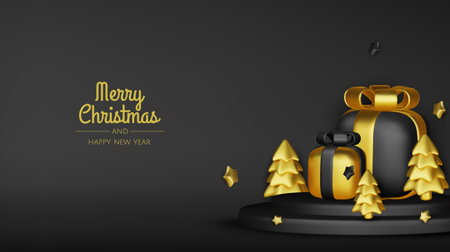 Happy New Year and Merry Christmas. Christmas holiday background with realistic 3d objects,gold and red bauble balls, conical metal stars. Levitation falling design composition.のイラスト素材