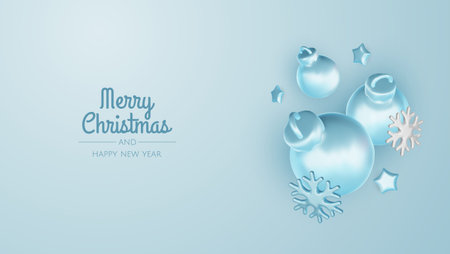 Happy New Year and Merry Christmas. Christmas holiday background with realistic 3d objects, blue and white bauble balls, conical metal stars, gift. Levitation falling design composition.のイラスト素材